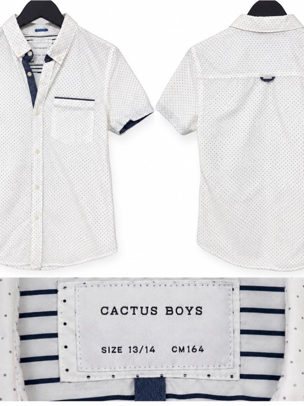 Cactus White Short-Sleeve Button-Down Shirt with Navy Trim